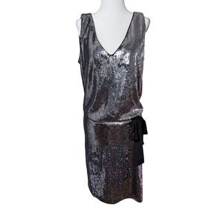 Nicole Miller Collection Silver Sequin Silk Bow Flapper Cocktail Dress